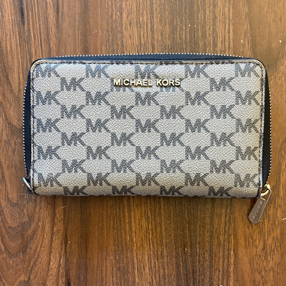 Michael Kors Black and Gray Logo Zip Wallet